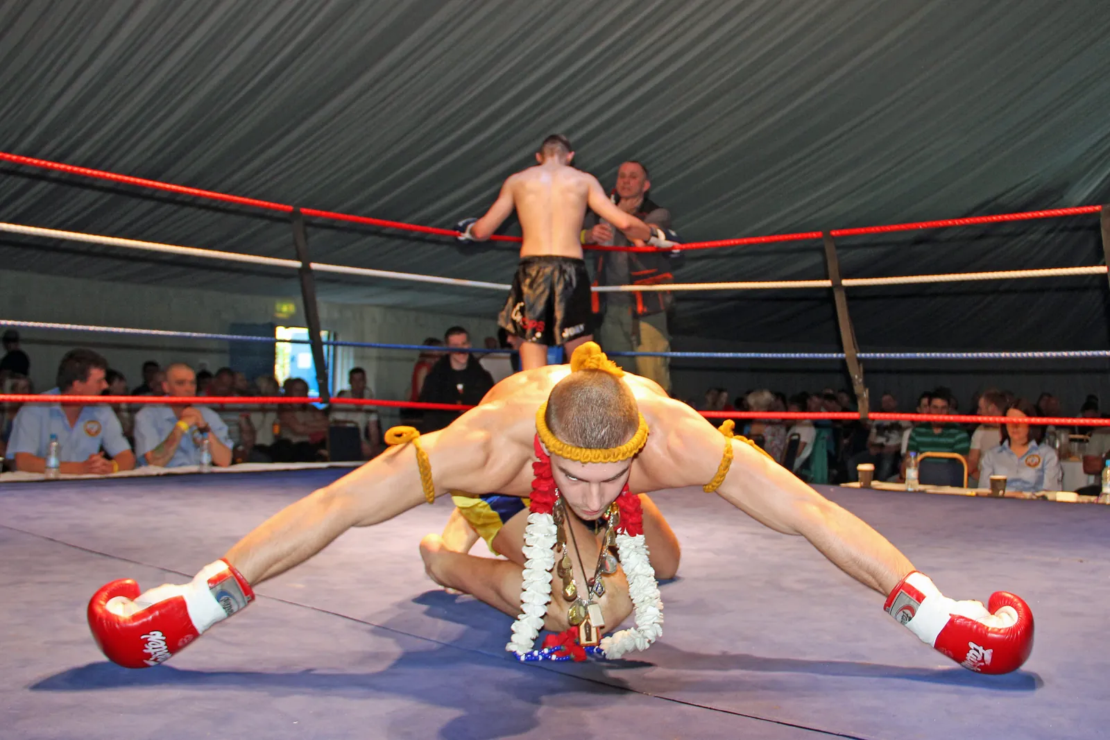 Um lutador de Muay Thai com uma faixa dourada na cabeça e braçadeiras, a fazer uma vénia profunda no ringue durante o Wai Khru Ram Muay, com espetadores junto ao ringue